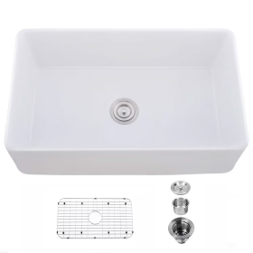 Single Basin Ceramic Farmhouse Kitchen Sink With Basket Strainer